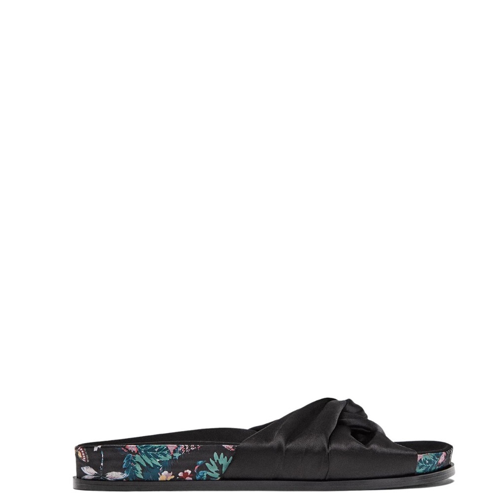 Women's Black Satin Zara Slide Sandals with Floral Trim
